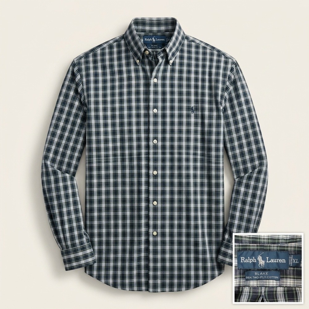Polo Ralph Lauren Blake Shirt Mens XL Navy Green Plaid Cotton Button Down